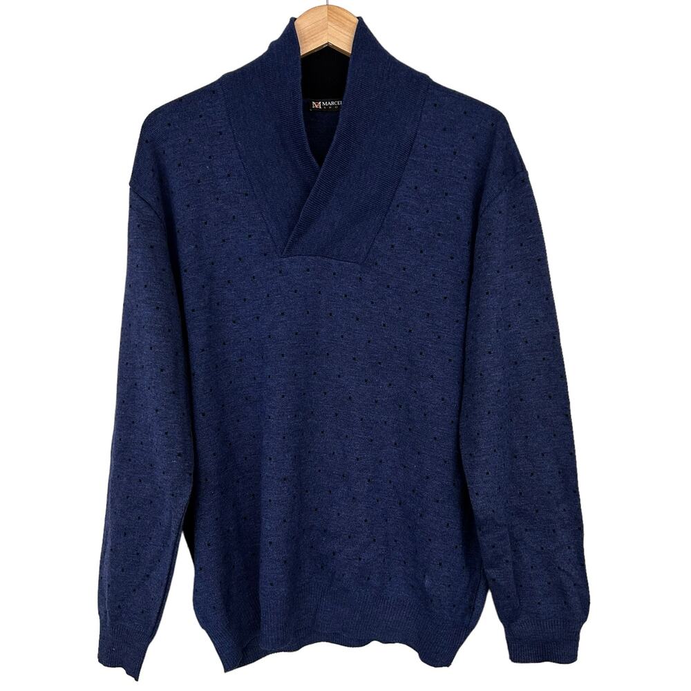 Marcello Sport Merino Wool Blue Shawl Collar Sweater Sz L